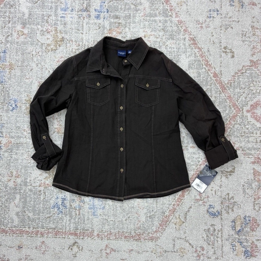 Sonoma M Women Medium Brown Button Down Utility Western Roll Tab Sleeves